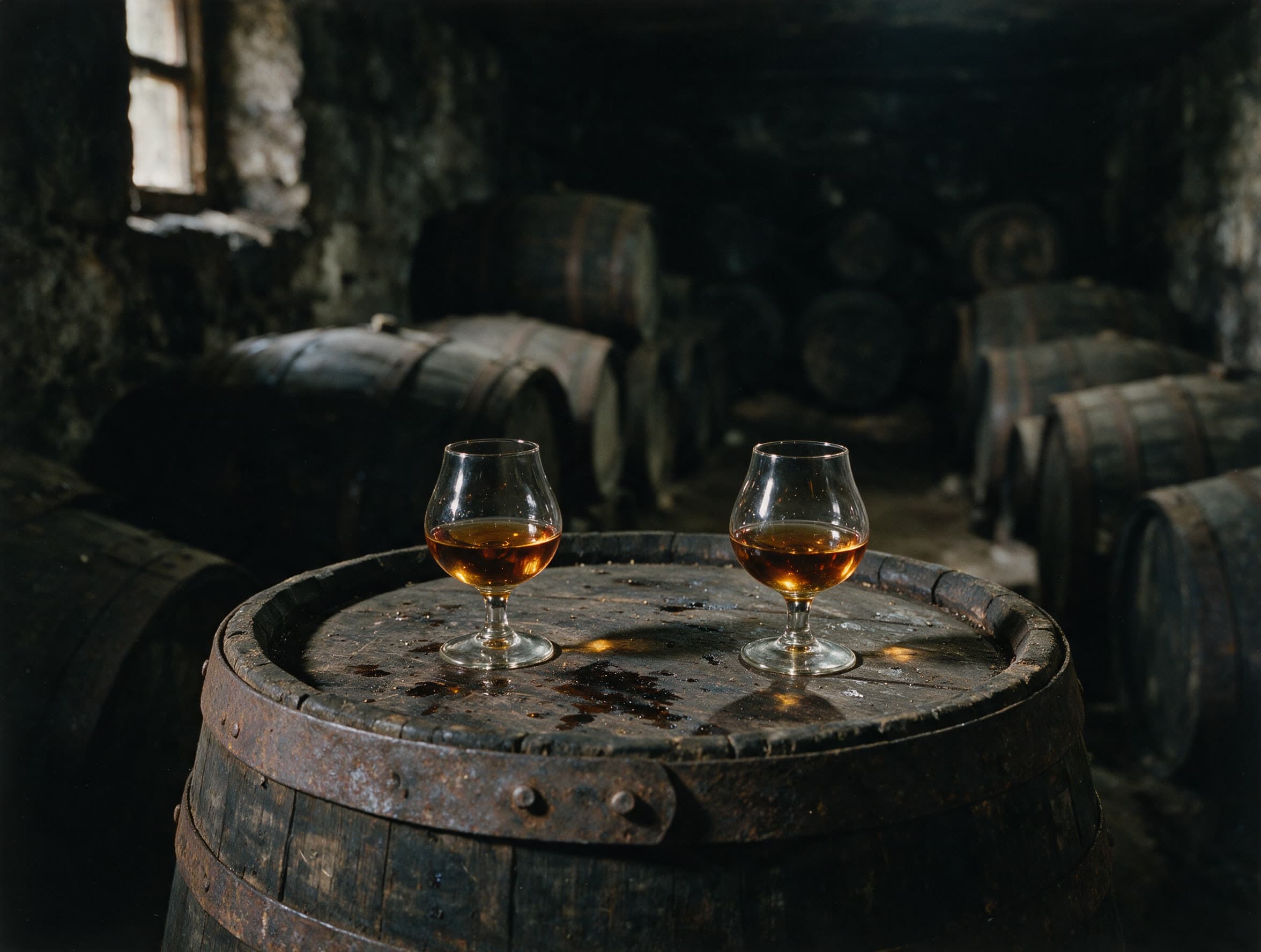 Zwei Tulpengläser armenischer Brandy auf dem Deckel eines Eichenfasses
