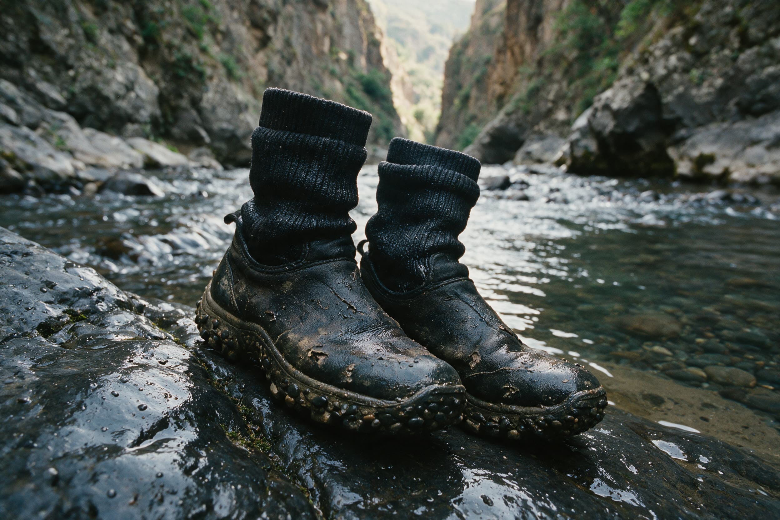 Nasse Neoprensocken und Canyoning-Schuhe auf glattem dunklem Basalt