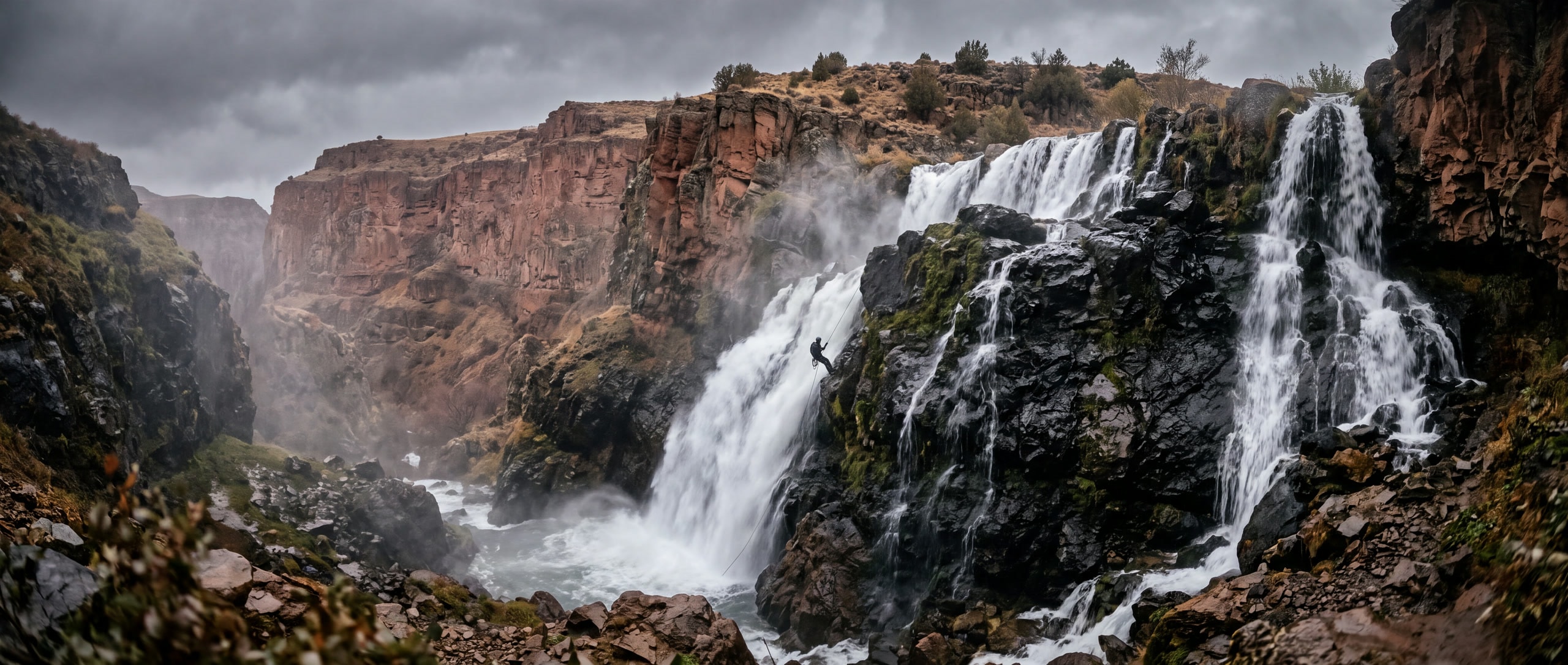 Mehrstufiger Wasserfall in einer rauen Schlucht in Wajots Dsor, nasses schwarzes Gestein