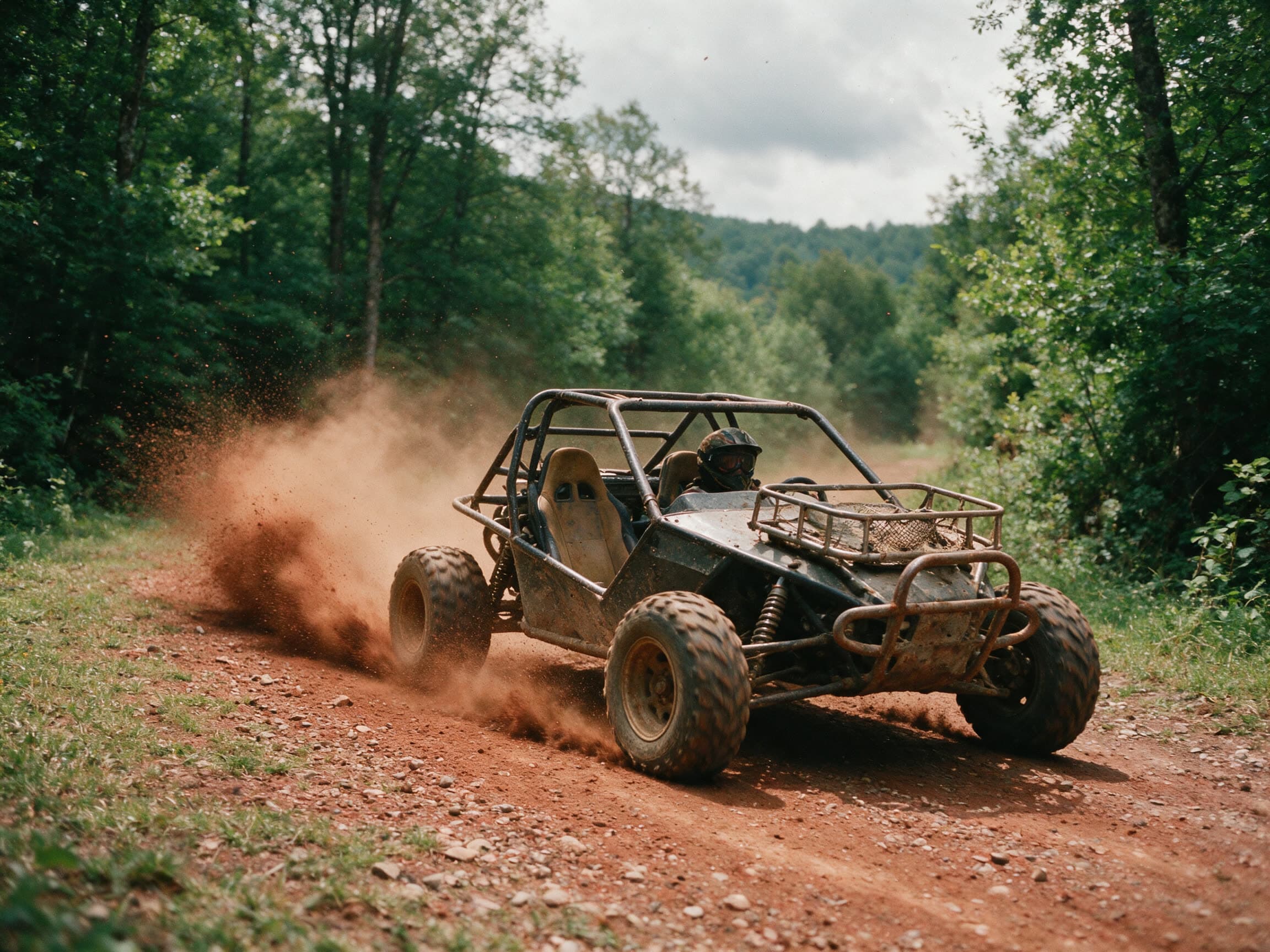 Staubbedeckter Zweisitzer-Buggy in der Kurve auf einer Waldpiste bei Dilidschan