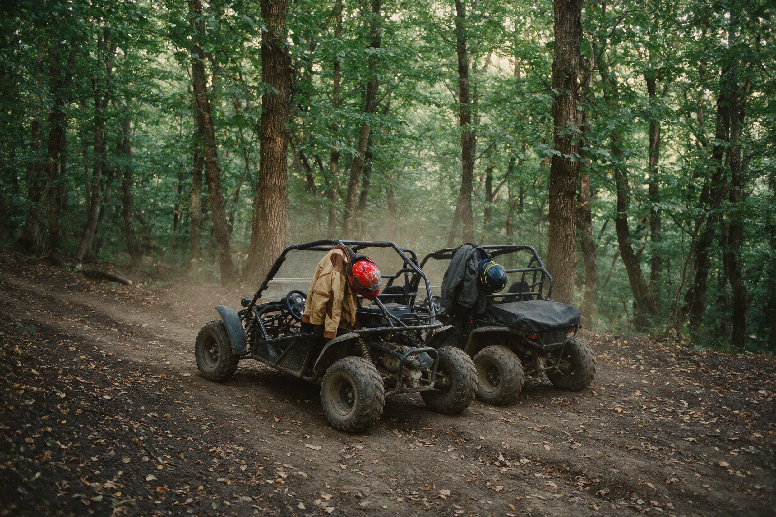 Zwei Buggys am Rand einer Waldpiste bei Dilidschan, Jacken über dem Käfig
