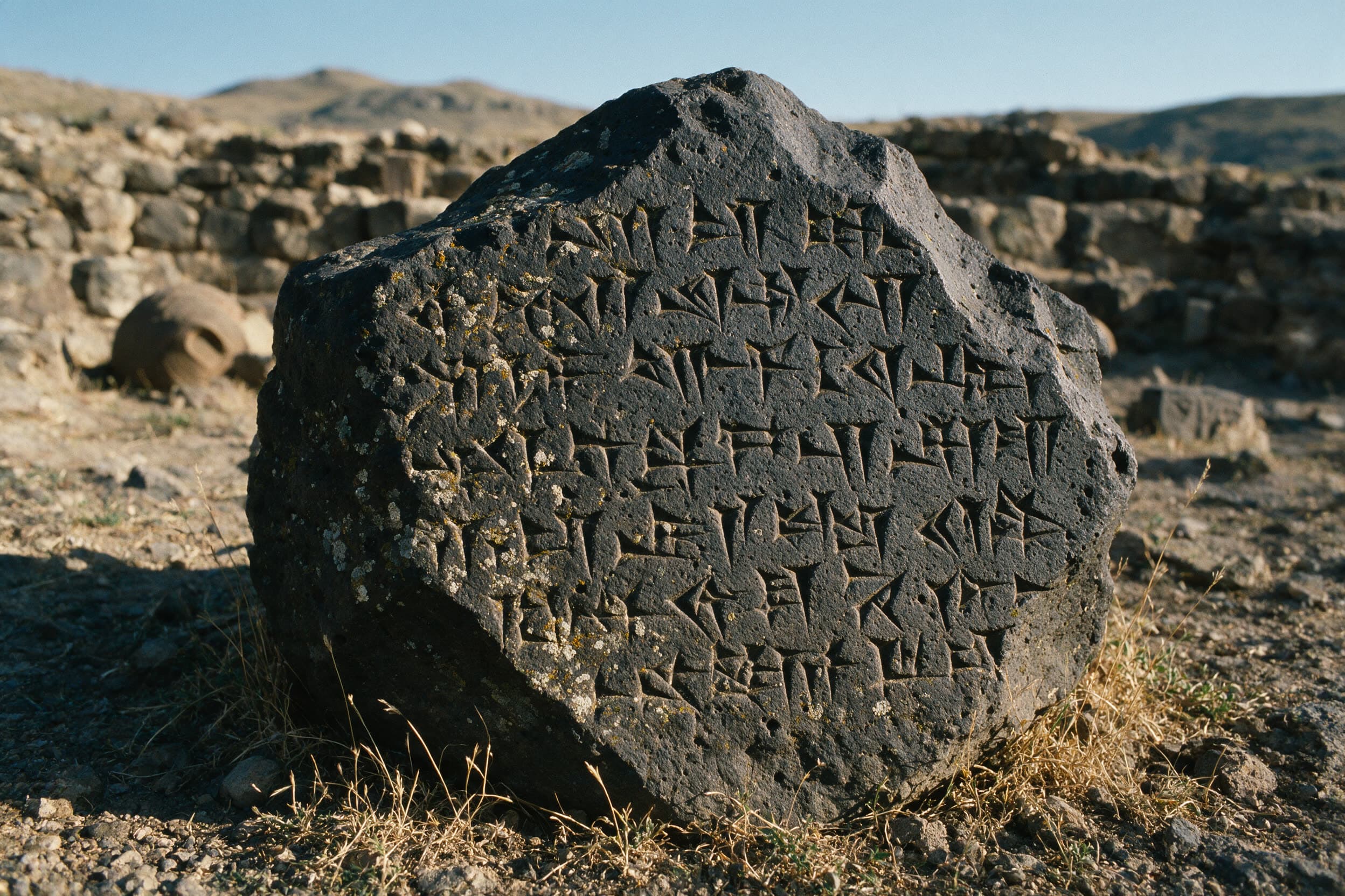 Basaltblock mit verwitterter urartäischer Keilschrift