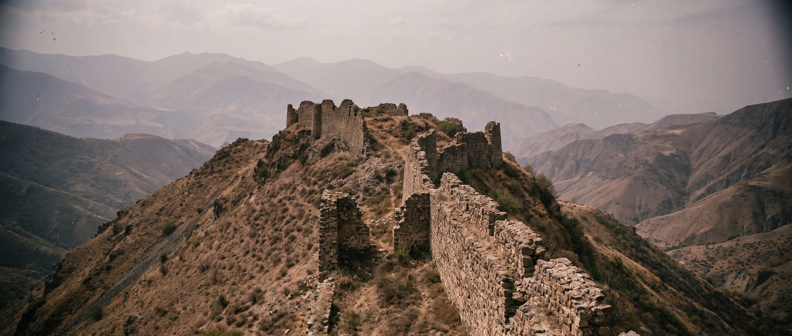 De graatvesting Smbataberd in Vayots Dzor, gebroken ringmuur op een smalle uitloper