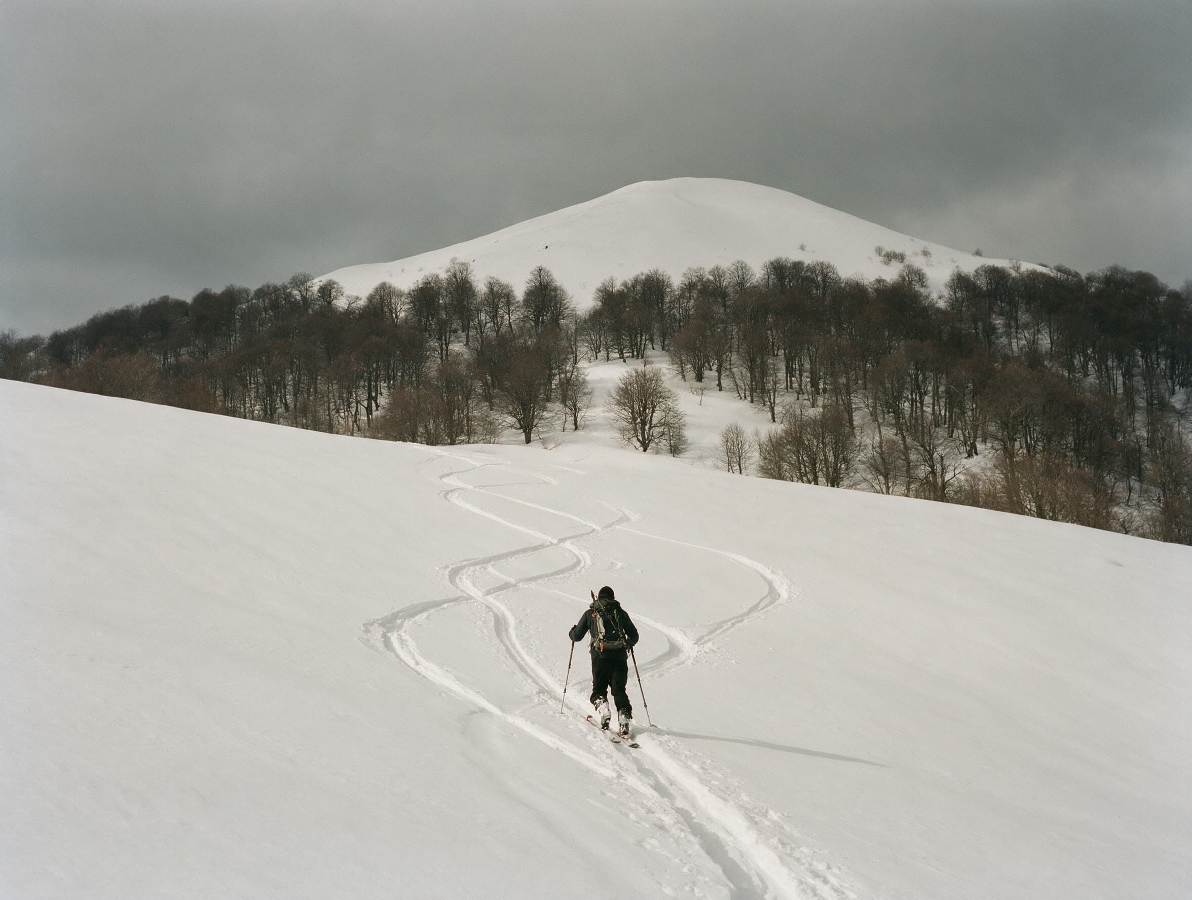 Skitourengeher von hinten im Aufstieg über Tsaghkadzor, kahler Buchenwald darunter