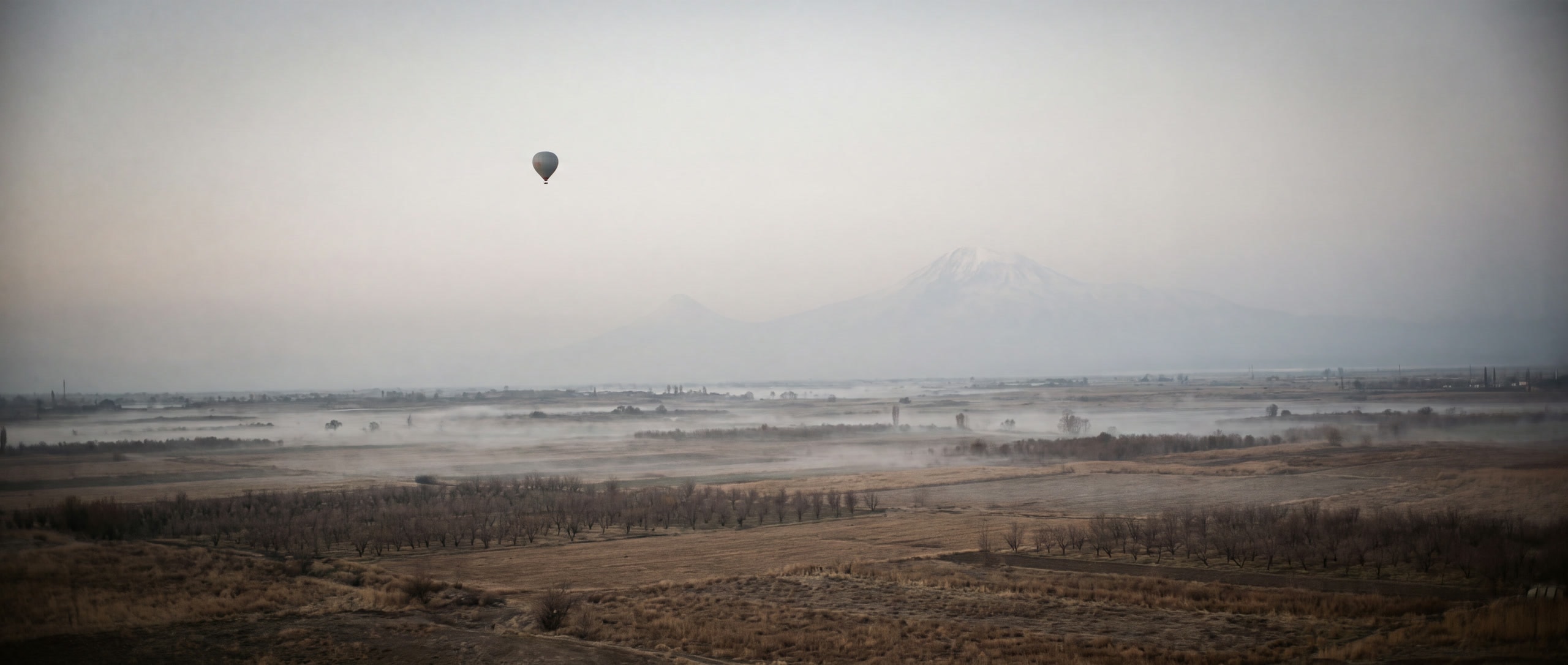 Einzelner Heißluftballon über der Ararat-Ebene im Morgendunst