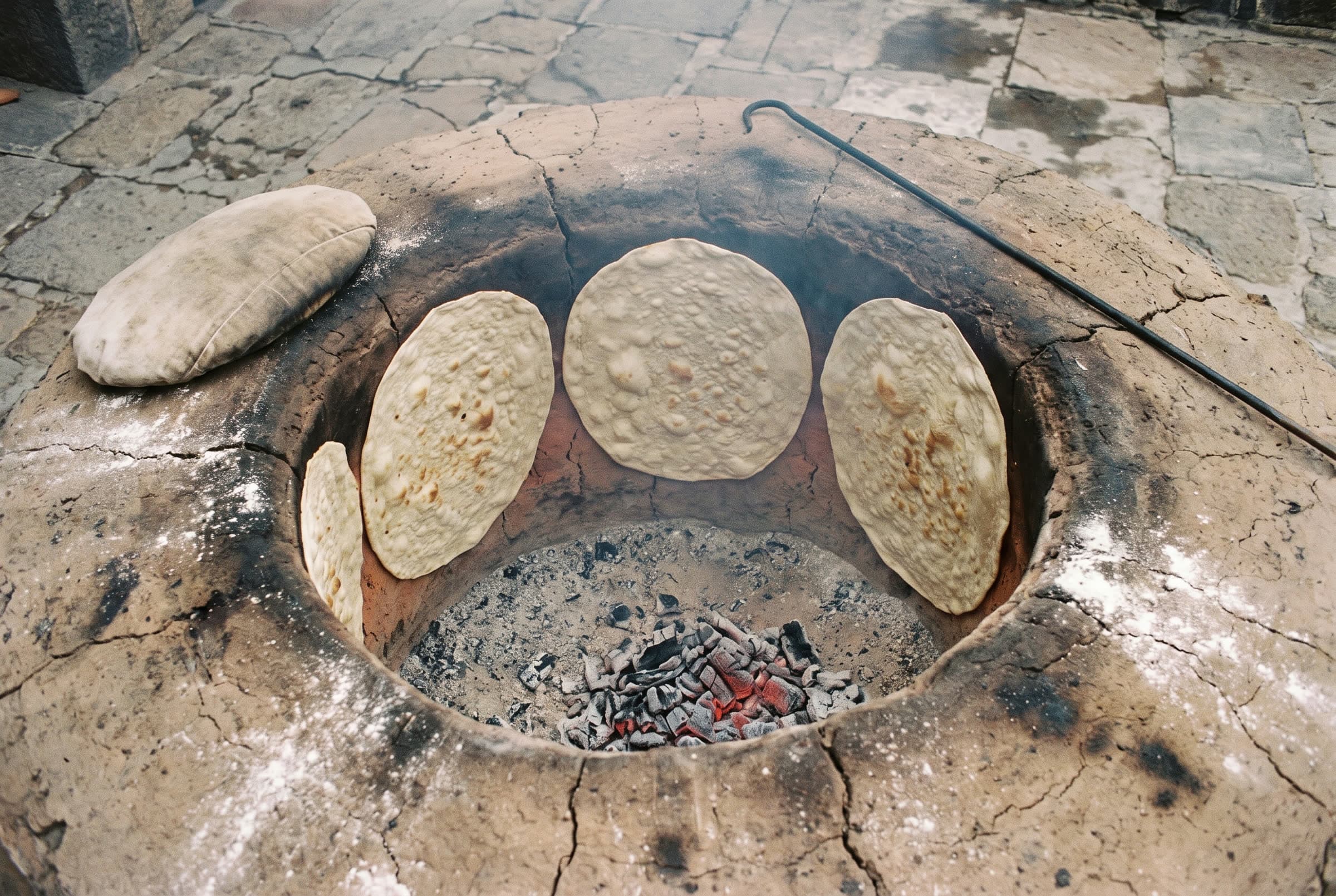 Thin lavash dough slapped onto the hot inner wall of a tonir