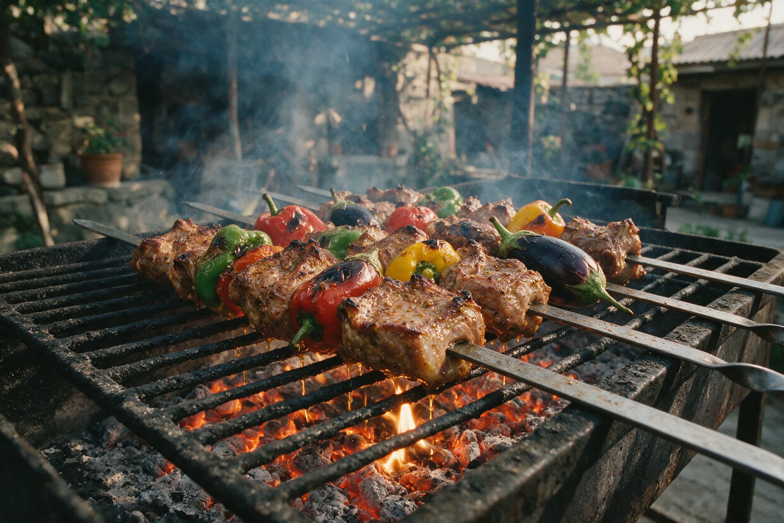 Chorowaz-Spieße mit Fleisch und Paprika über glühender Holzkohle