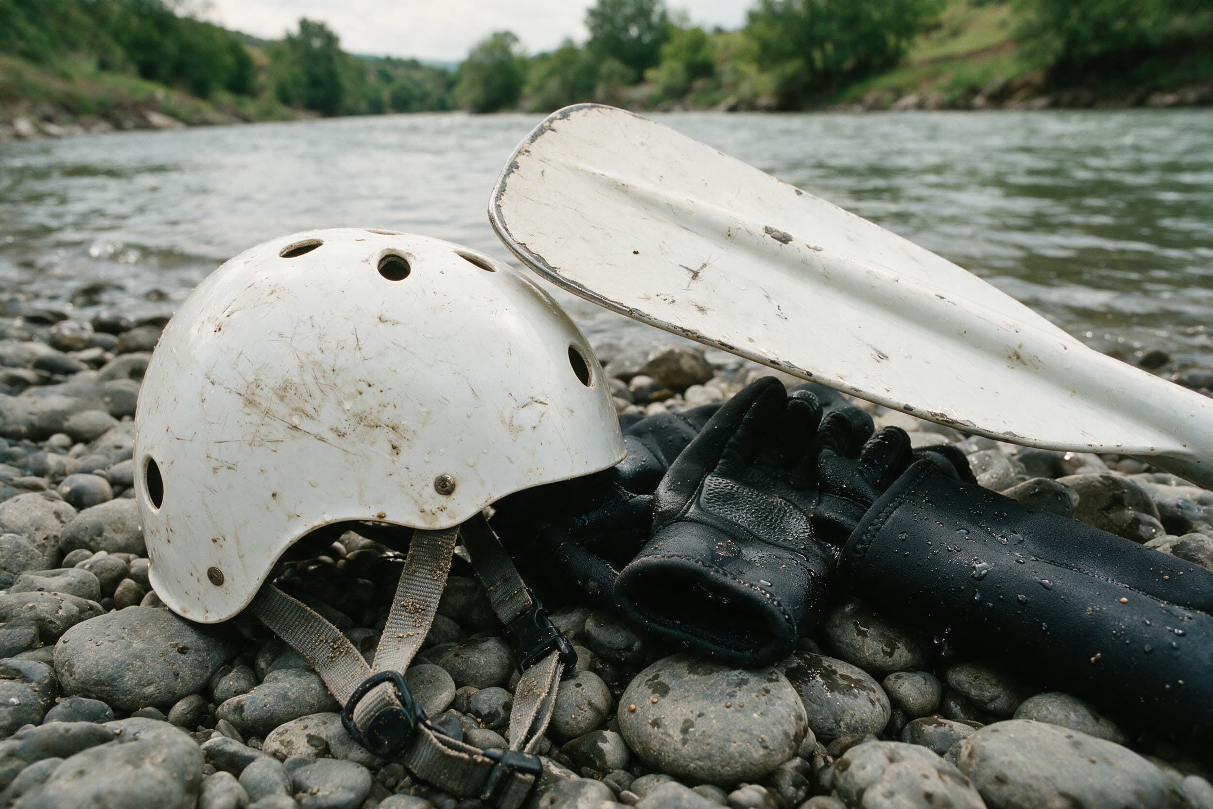 Zerkratzter Rafting-Helm und Paddel auf den grauen Rundkieseln des Aghstew