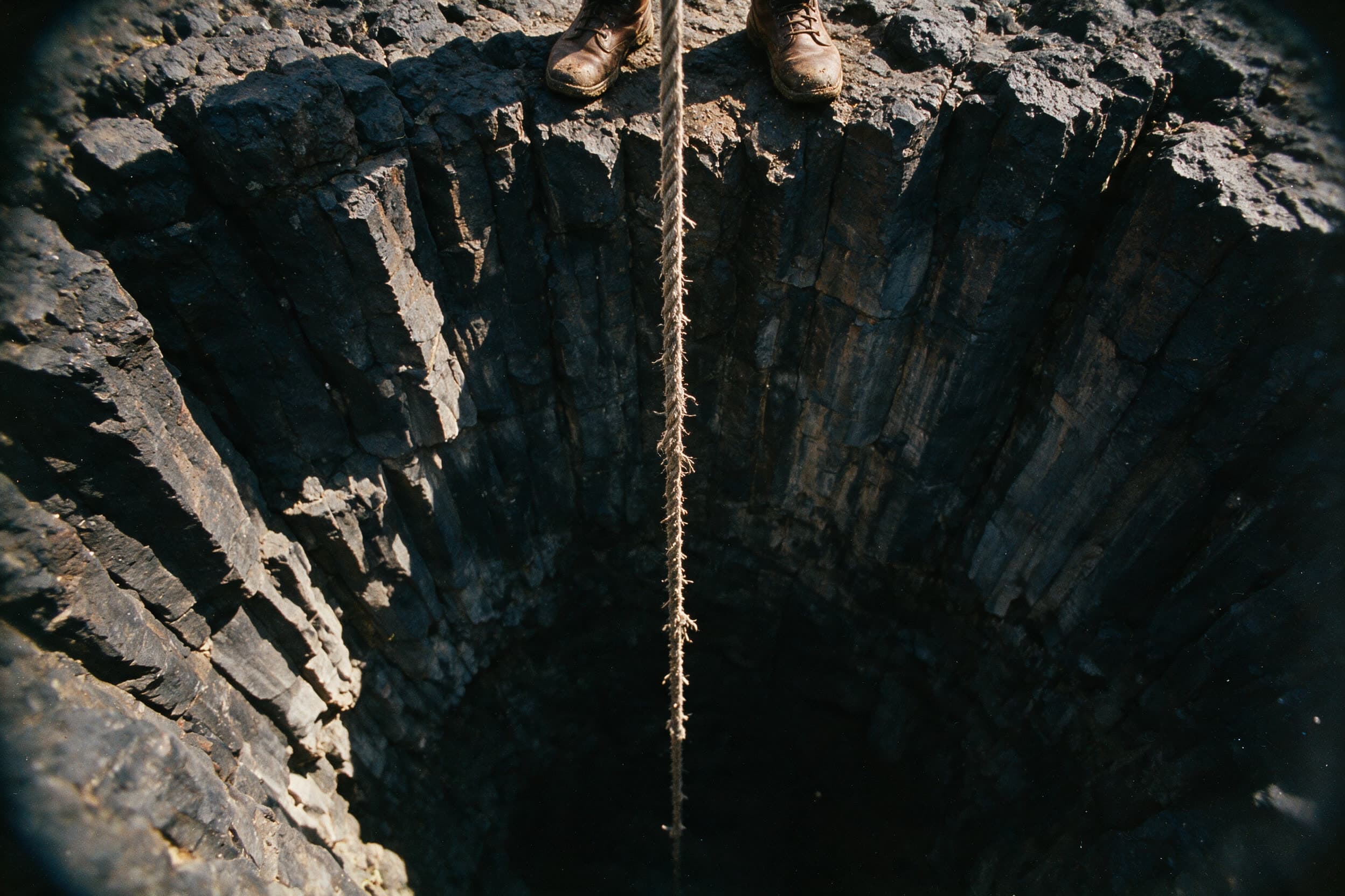 Blick senkrecht am Seil hinunter in die verschattete Basaltschlucht