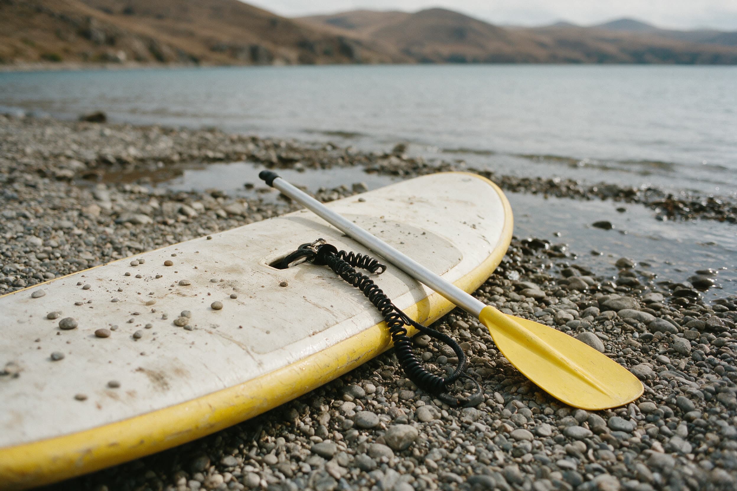 Zerkratztes SUP-Board mit Paddel am steinigen Ufer des Sewansees