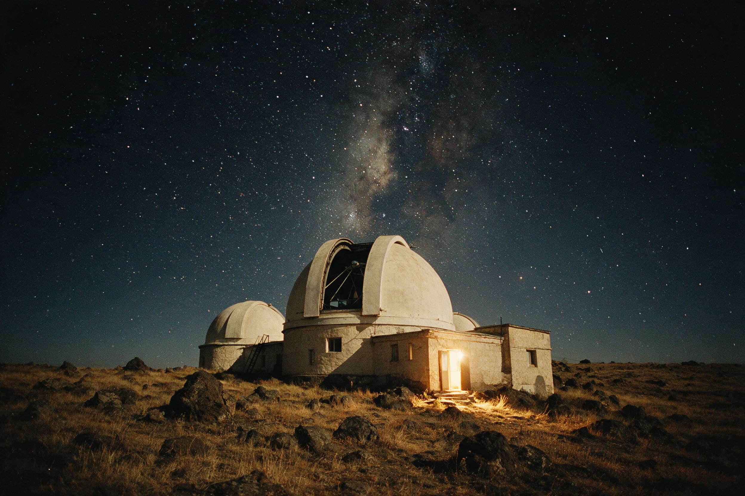 Kuppeln des Observatoriums Byurakan am offenen Aragaz-Hang unter Sternen