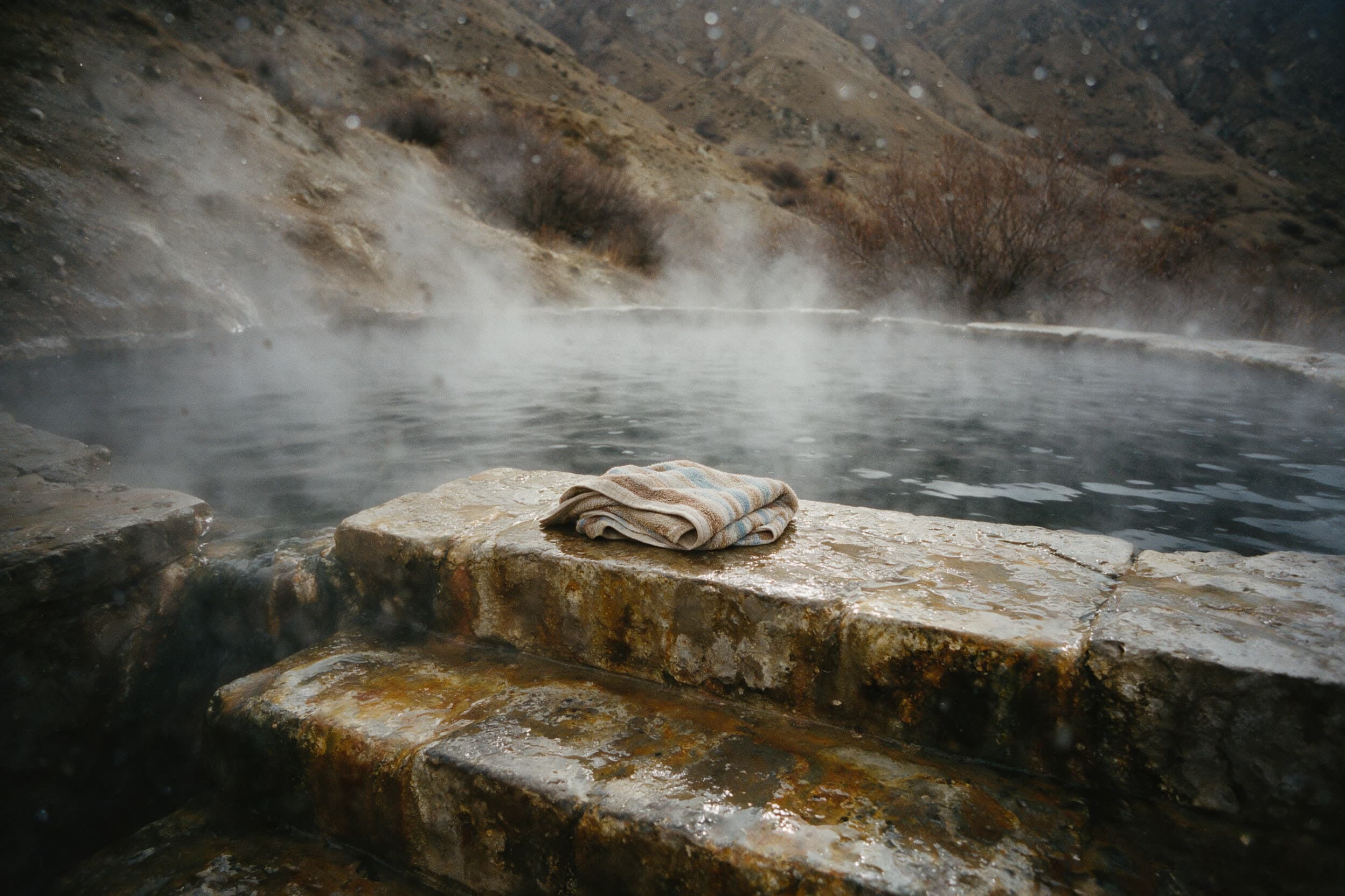 Nasse Steinstufen führen in ein dampfendes Thermalbecken, ein Handtuch auf der obersten Stufe