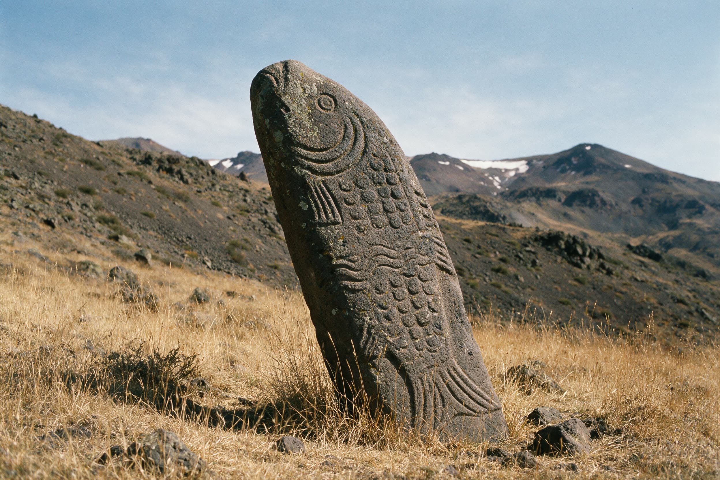 Een prehistorische visvormige vishap-steen in het droge gras van het Gegham-gebergte
