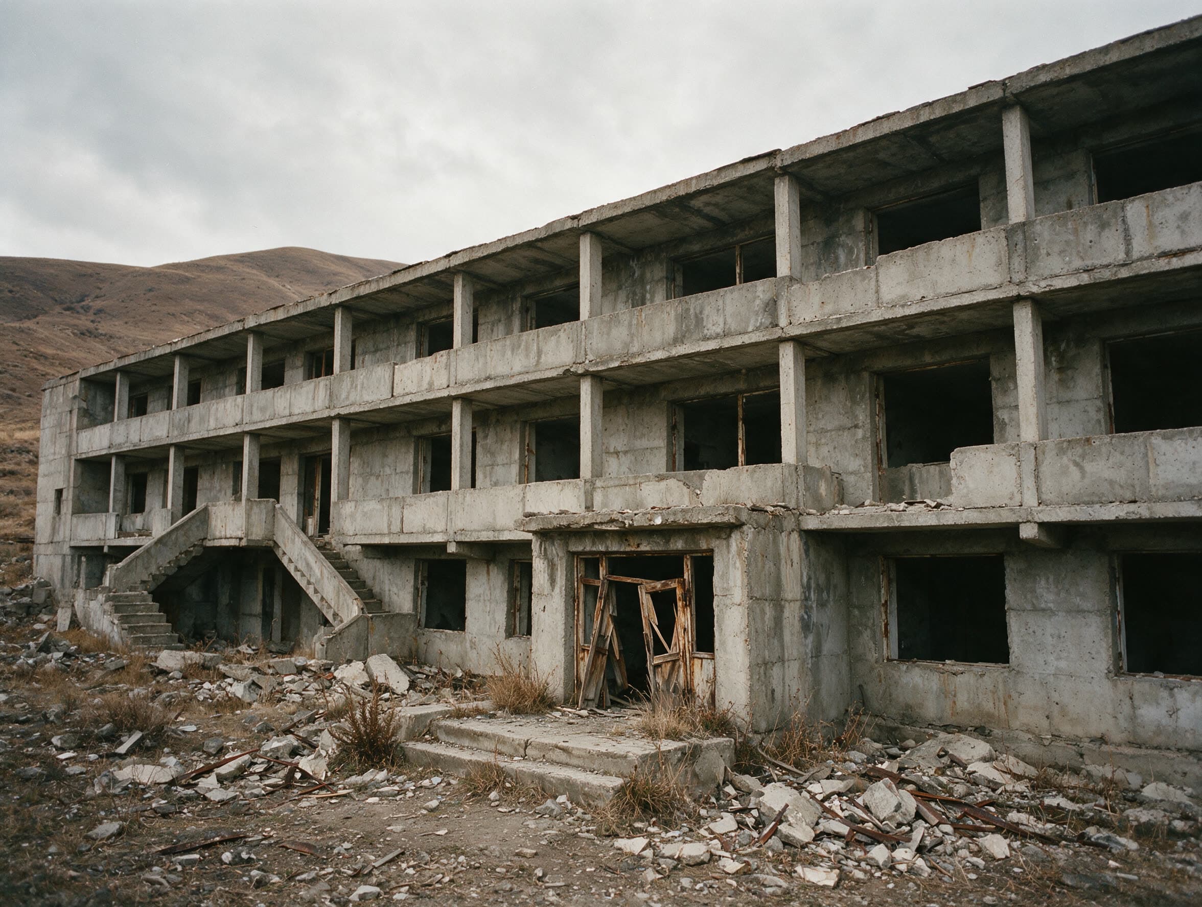 Verlassenes sowjetisches Sanatorium mit ausgeräumten Betonbalkonen