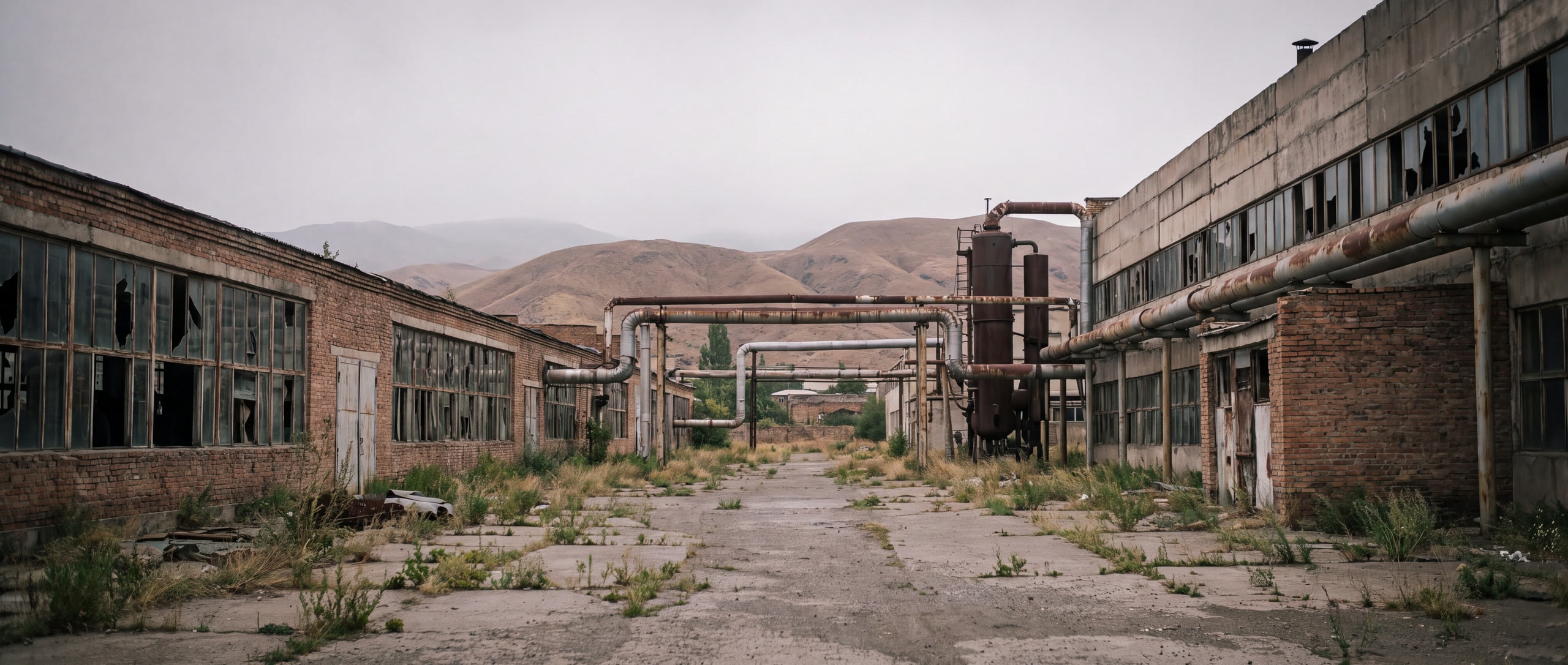 Verfallenes sowjetisches Industriewerk mit rostenden Rohrleitungen am Rand einer armenischen Stadt