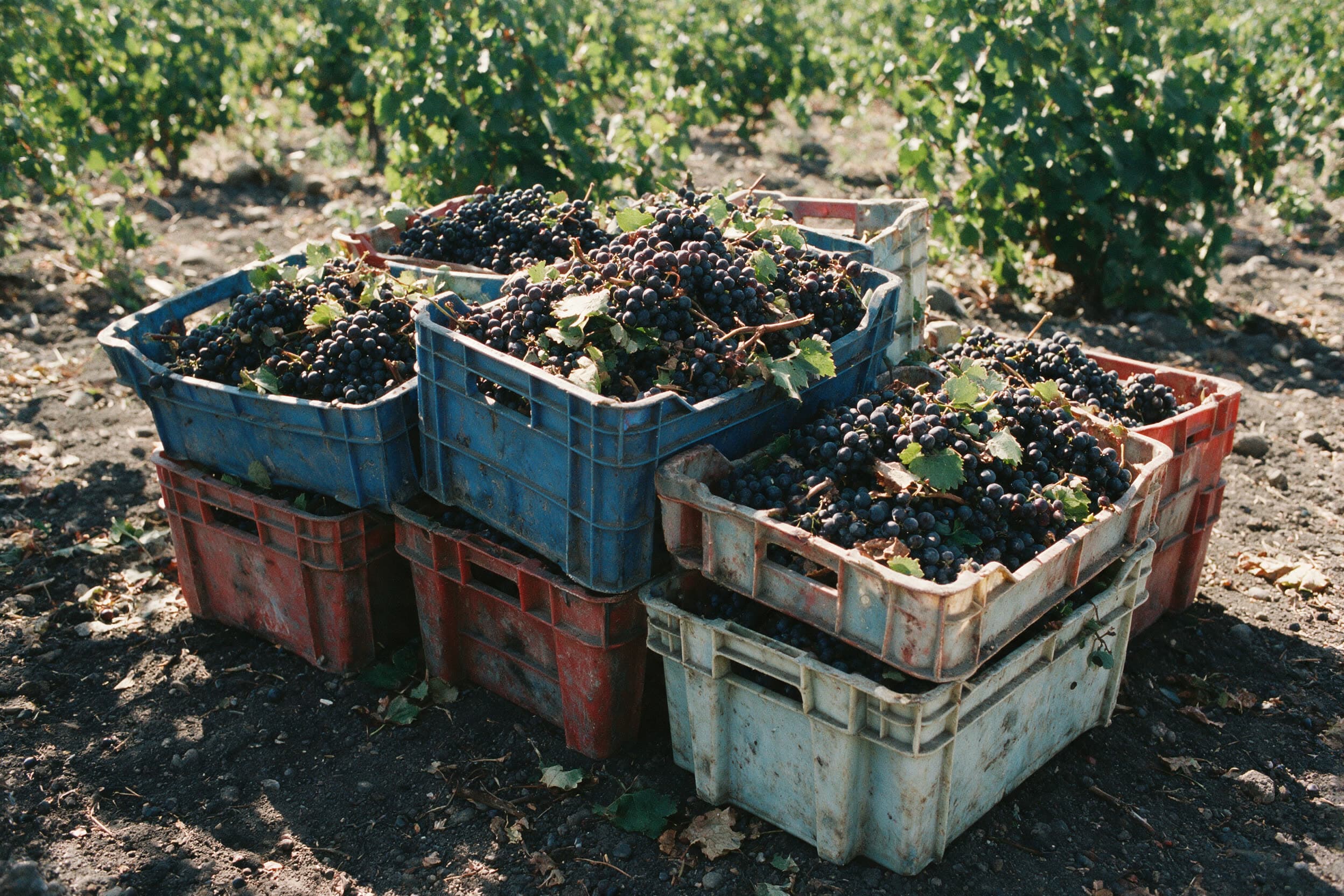 Des caisses de raisins sombres sur un sol volcanique poussiéreux, au bout d'un rang de vigne