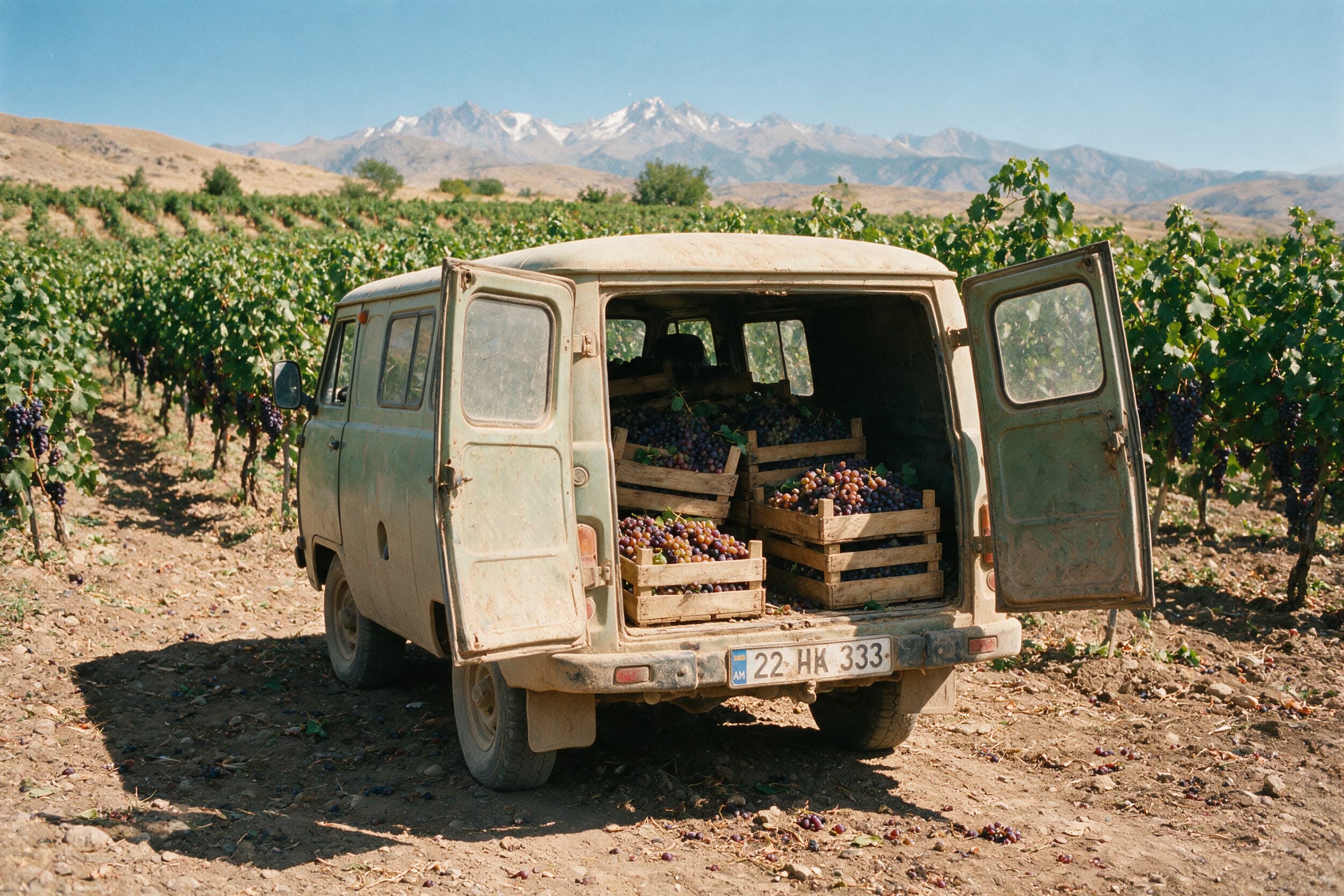 Staubiger UAZ-452 mit armenischem Kennzeichen, hinten Traubenkisten geladen