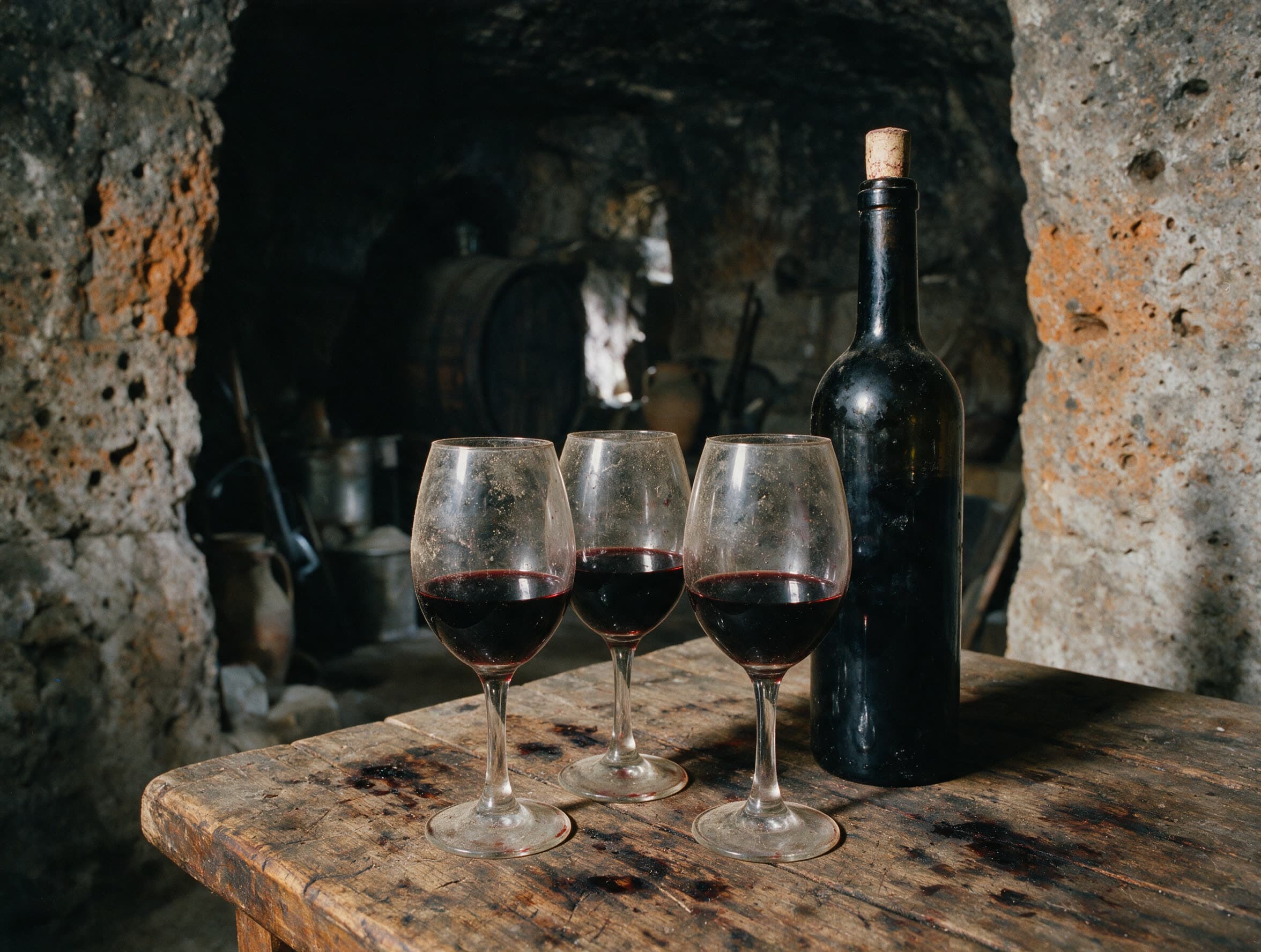 Drei Gläser Areni-Rotwein auf einem rohen Holztisch im Tuffkeller
