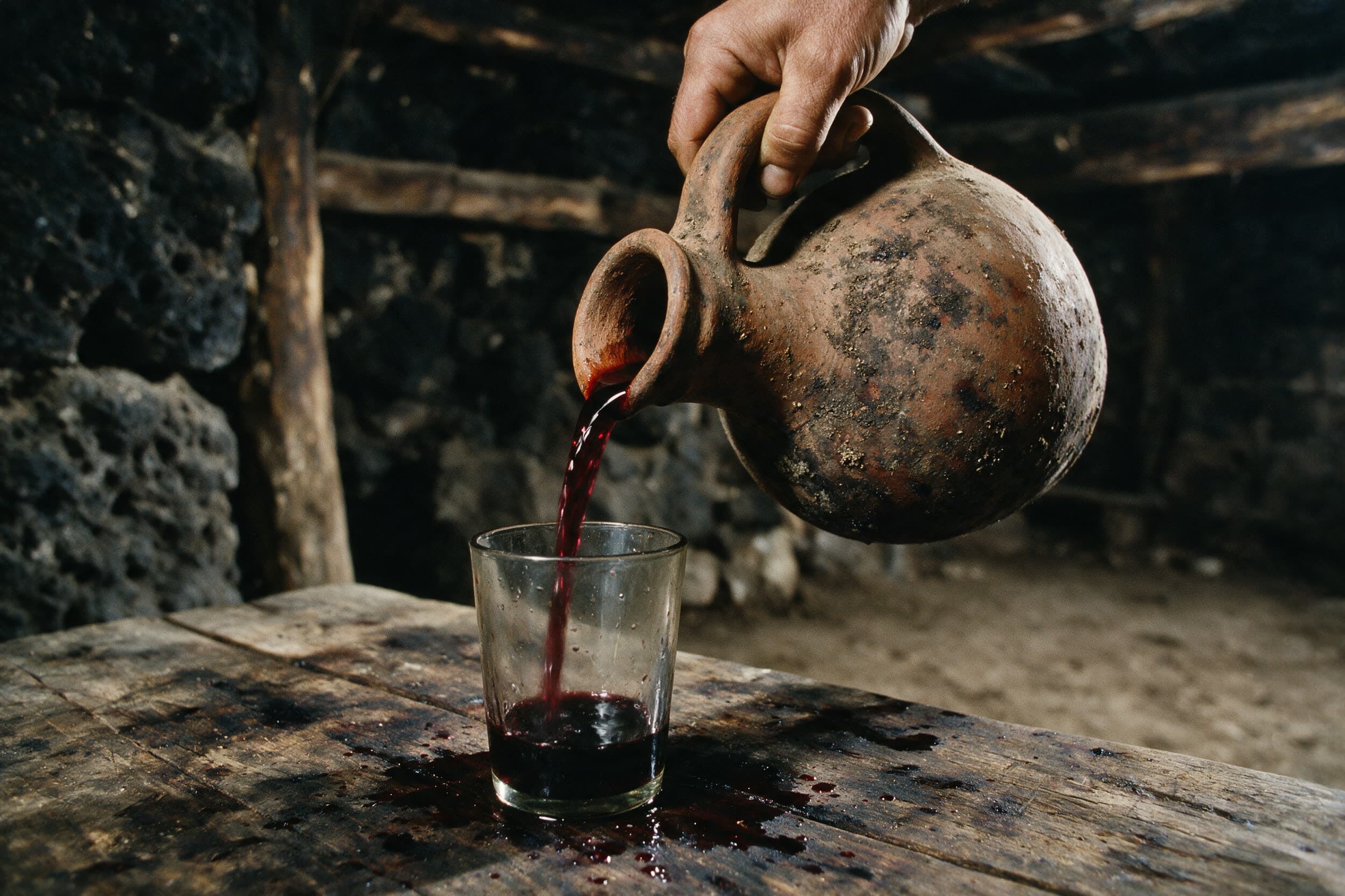 Rotwein wird aus einem unglasierten Tonkrug in ein Glas gegossen
