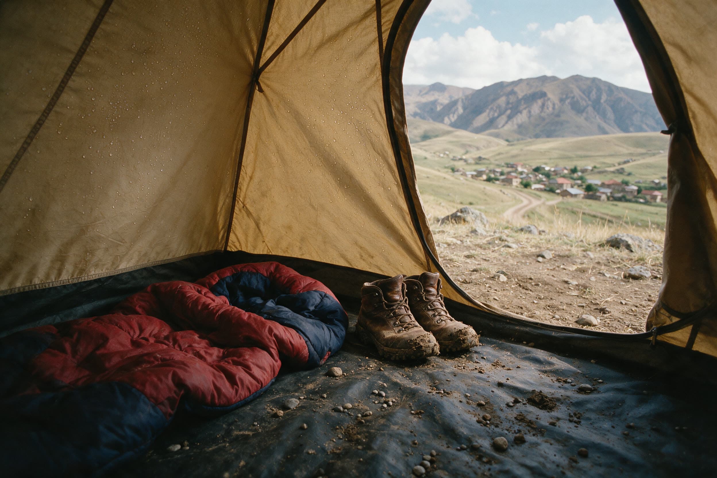 Offene Zeltapsis mit Schlafsack und schlammigen Stiefeln, Blick ins Tal