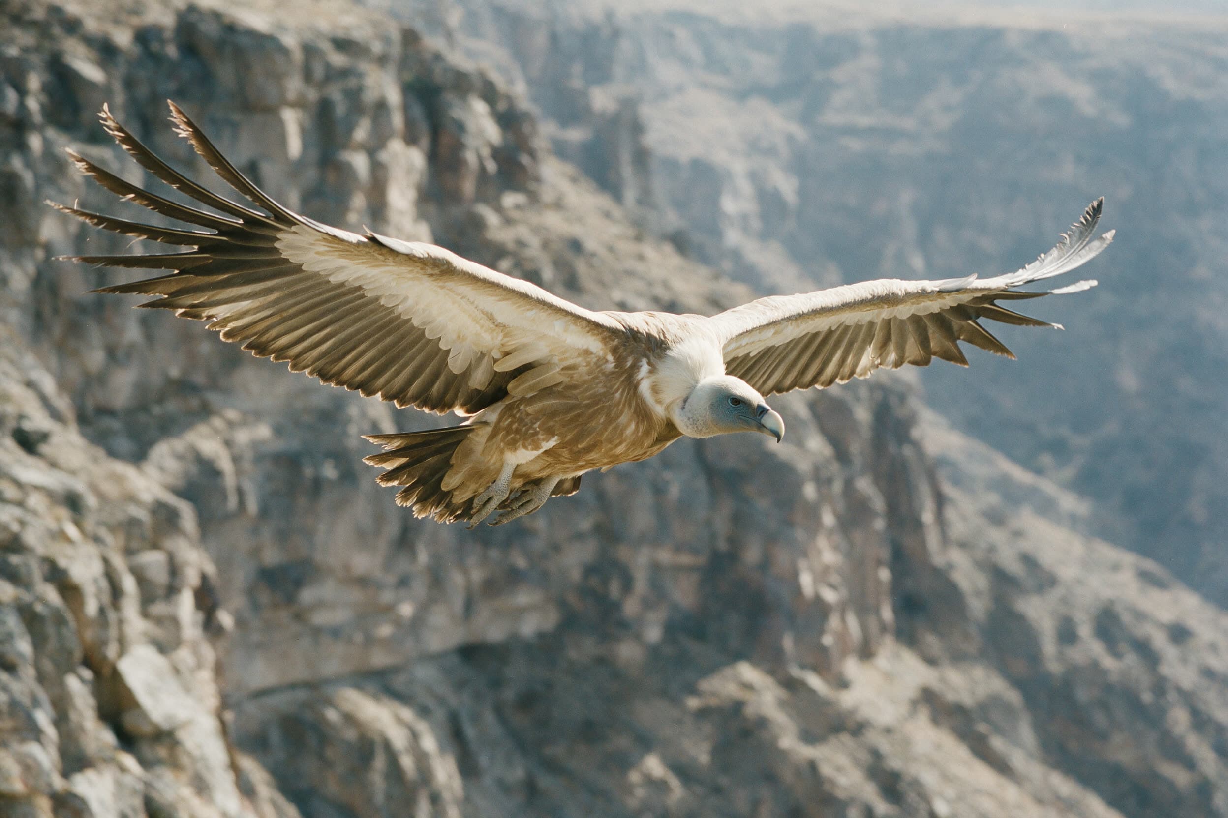 Gänsegeier segelt dicht an einer Felswand in einer armenischen Schlucht
