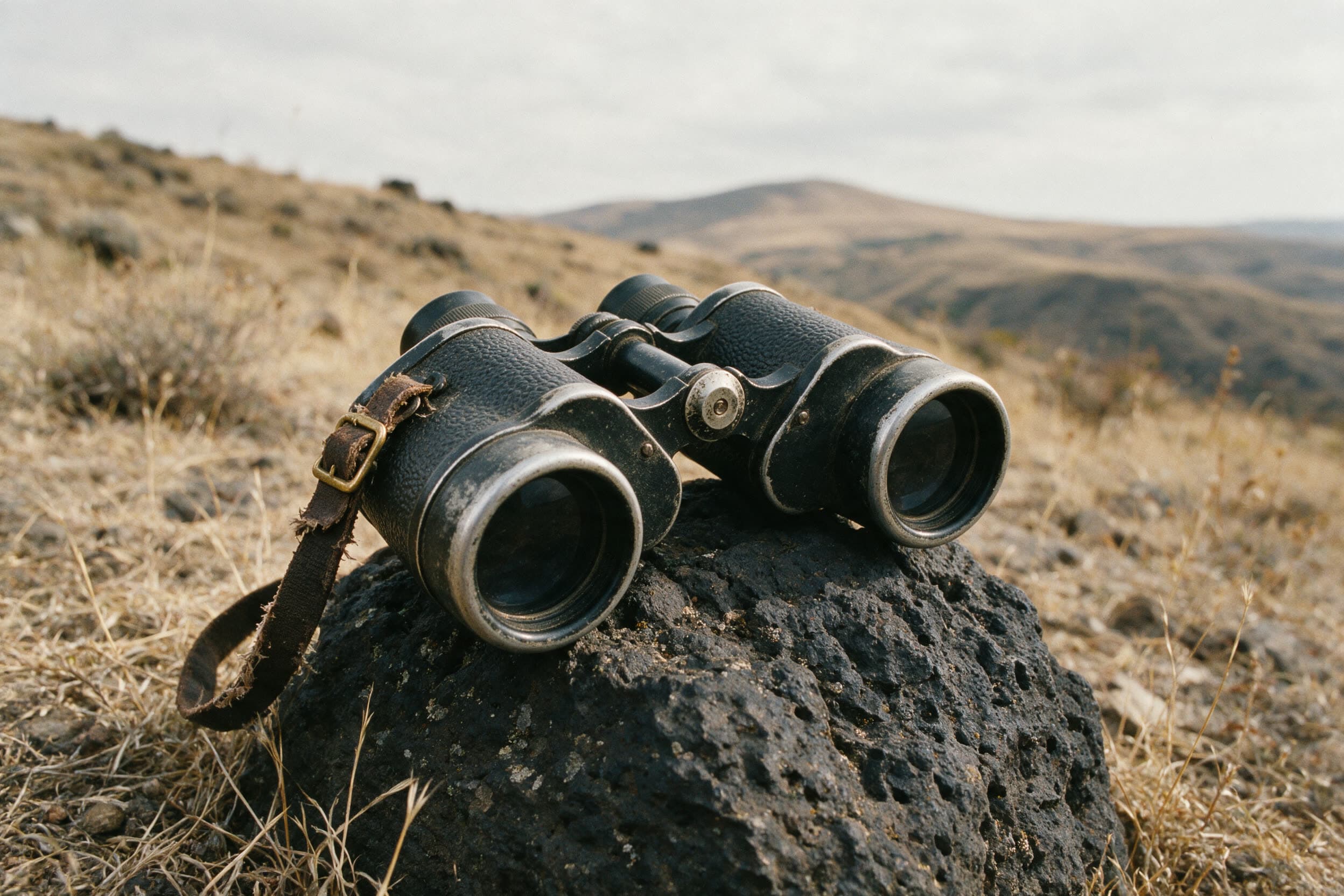 Altes zerschrammtes Fernglas auf einem flechtenbewachsenen Basaltblock