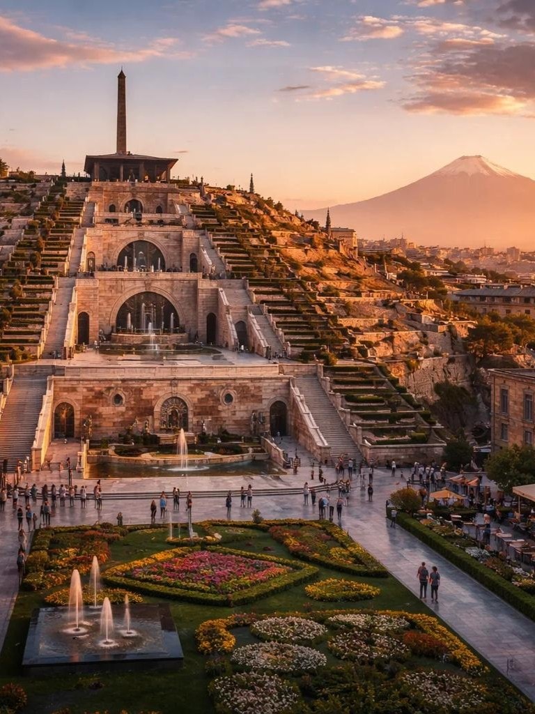 Die Kaskade in Jerewan im Abendlicht, mit Springbrunnen und Blumenbeeten davor und dem schneebedeckten Ararat am Horizont.