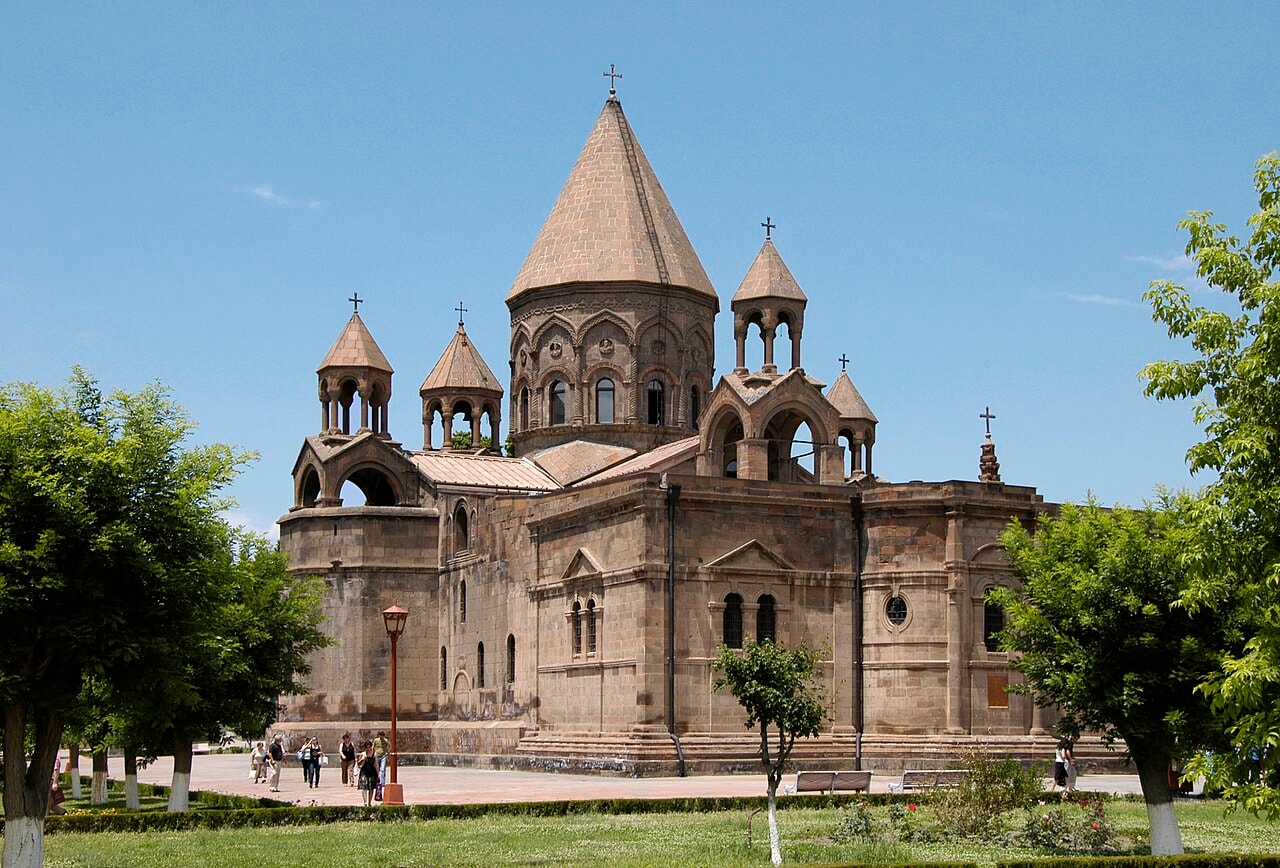 Etchmiadzin Cathedral with its central dome and bell tower in the monastery yard
