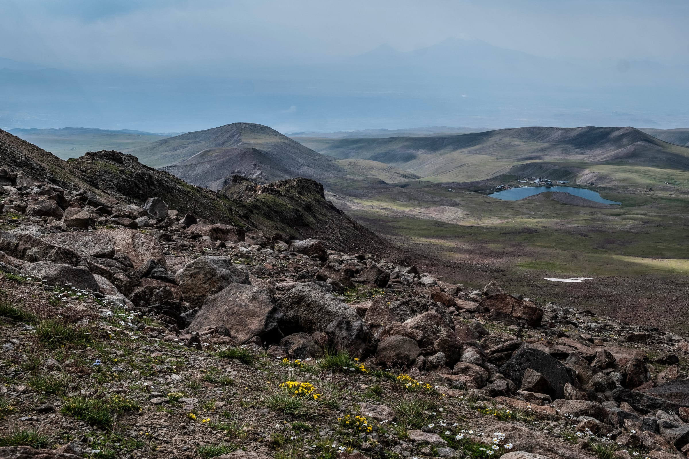View from the Aragats massif down to Lake Kari at 3,200 metres