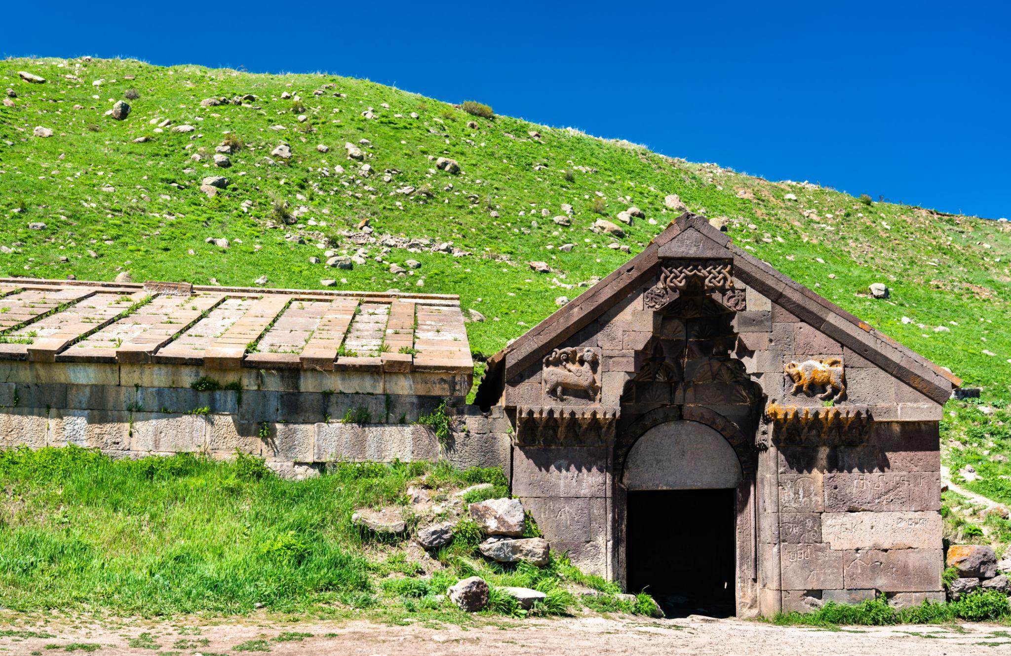 Selim Caravanserai of basalt at Vardenyats Pass in Armenia