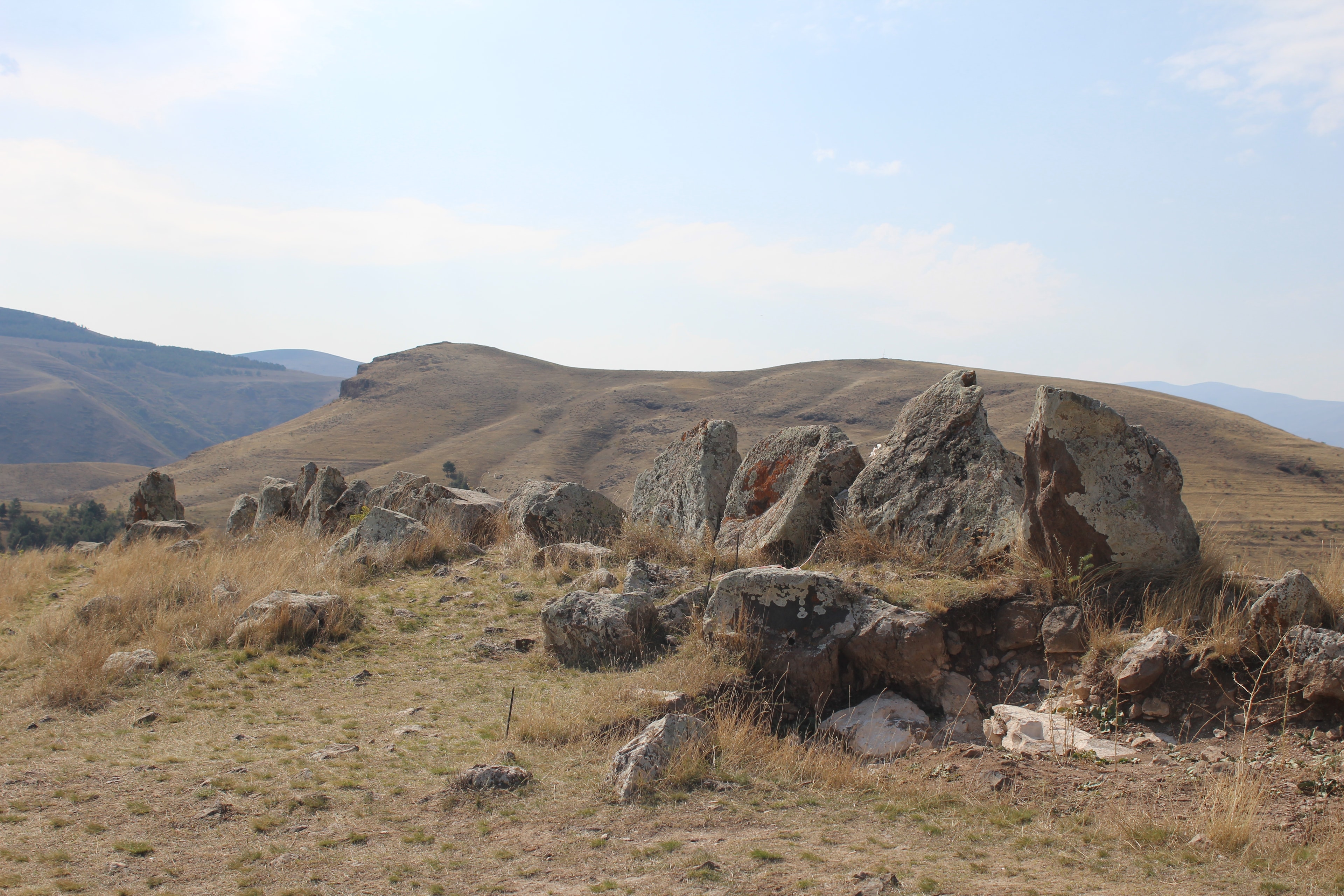 Standing basalt stones of Zorats Karer, the Armenian Stonehenge near Sisian